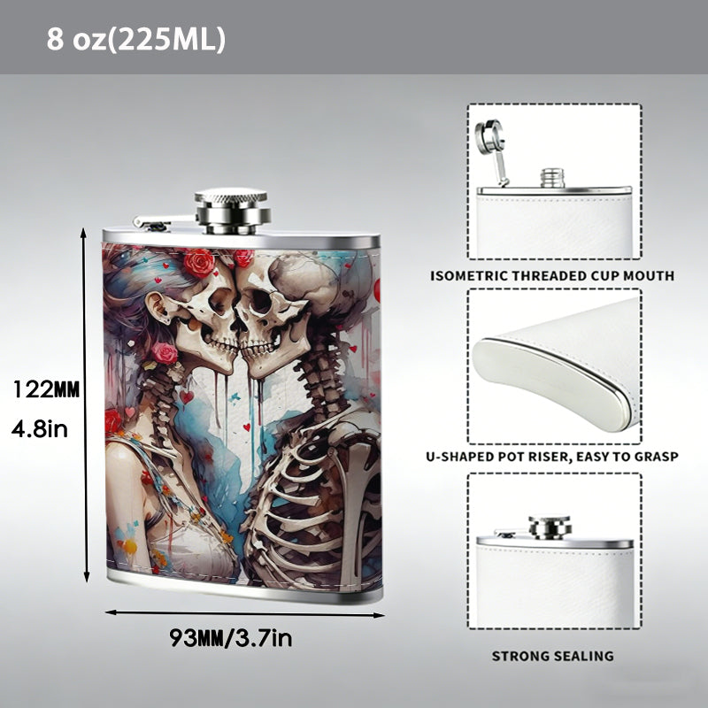 Two skeletons with sword and red roses 1pc Stainless Steel Flask 8oz -Fashionable patterns Design, Ideal for Dad, Grandpa, Uncle, Hunting Enthusiasts, Birthday, Party, Christmas, Halloween Gifts