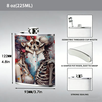 Two skeletons with sword and red roses 1pc Stainless Steel Flask 8oz -Fashionable patterns Design, Ideal for Dad, Grandpa, Uncle, Hunting Enthusiasts, Birthday, Party, Christmas, Halloween Gifts