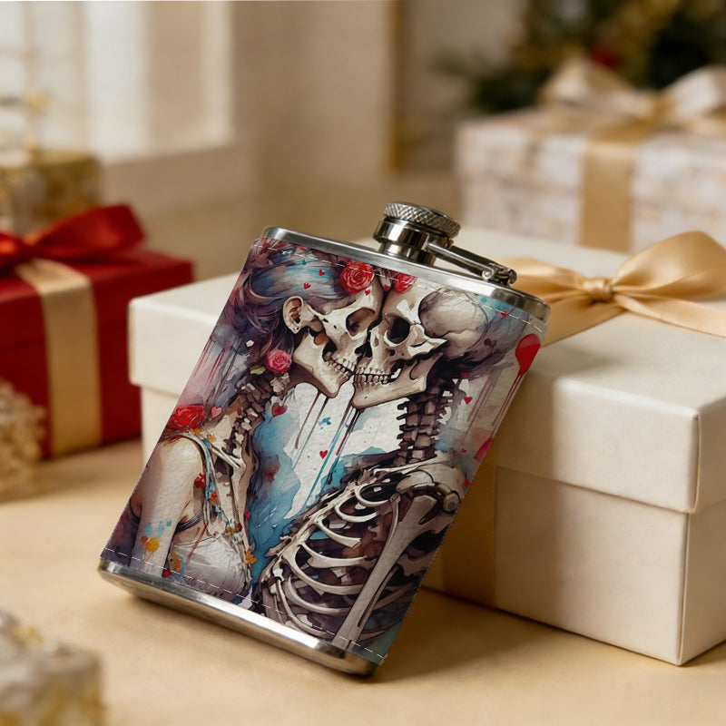 Two skeletons with sword and red roses 1pc Stainless Steel Flask 8oz -Fashionable patterns Design, Ideal for Dad, Grandpa, Uncle, Hunting Enthusiasts, Birthday, Party, Christmas, Halloween Gifts