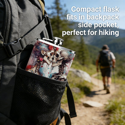 Two skeletons with sword and red roses 1pc Stainless Steel Flask 8oz -Fashionable patterns Design, Ideal for Dad, Grandpa, Uncle, Hunting Enthusiasts, Birthday, Party, Christmas, Halloween Gifts