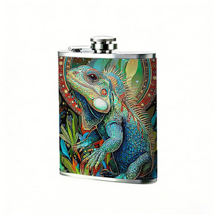 Stylized glowing green frog among plants 1pc Stainless Steel Flask 8oz -Fashionable patterns Design, Ideal for Dad, Grandpa, Uncle, Hunting Enthusiasts, Birthday, Party, Christmas, Halloween Gifts