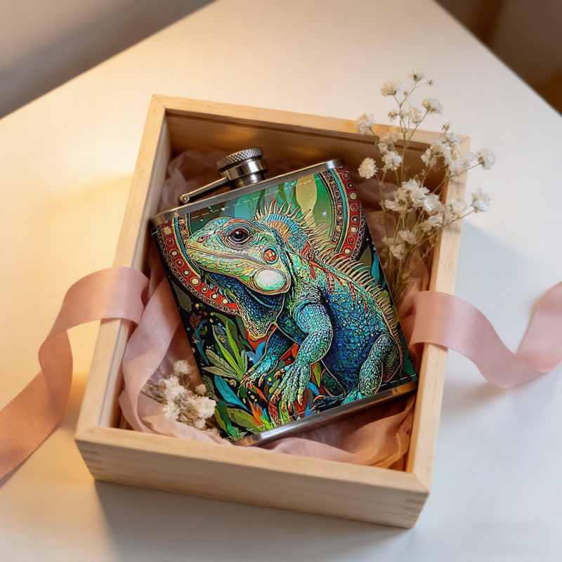 Stylized glowing green frog among plants 1pc Stainless Steel Flask 8oz -Fashionable patterns Design, Ideal for Dad, Grandpa, Uncle, Hunting Enthusiasts, Birthday, Party, Christmas, Halloween Gifts