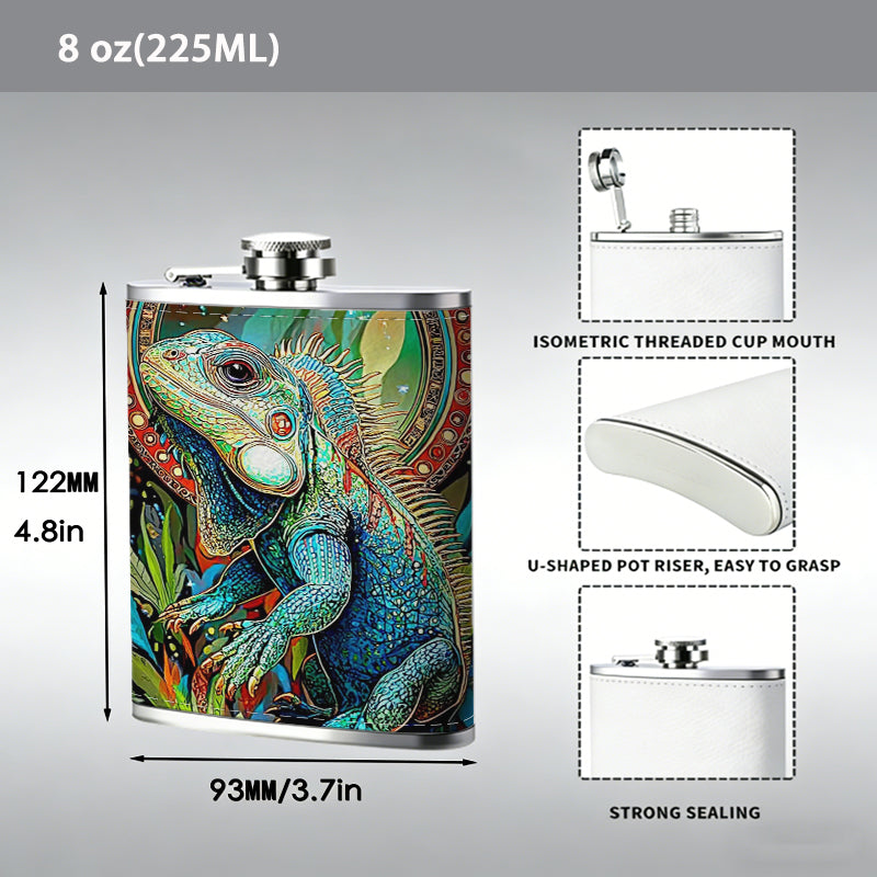 Stylized glowing green frog among plants 1pc Stainless Steel Flask 8oz -Fashionable patterns Design, Ideal for Dad, Grandpa, Uncle, Hunting Enthusiasts, Birthday, Party, Christmas, Halloween Gifts