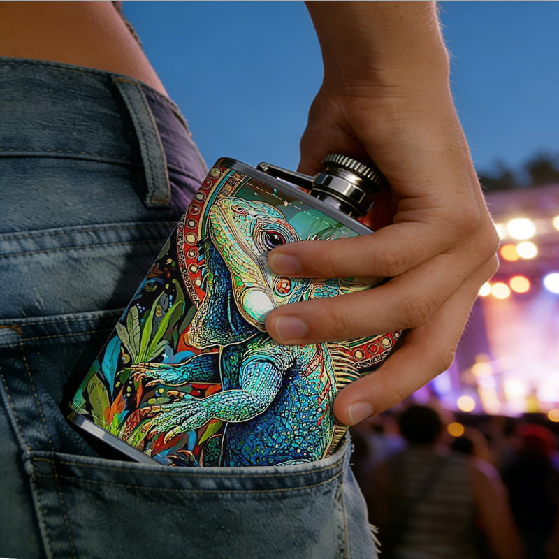 Stylized glowing green frog among plants 1pc Stainless Steel Flask 8oz -Fashionable patterns Design, Ideal for Dad, Grandpa, Uncle, Hunting Enthusiasts, Birthday, Party, Christmas, Halloween Gifts