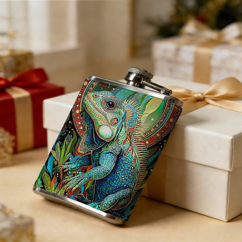 Stylized glowing green frog among plants 1pc Stainless Steel Flask 8oz -Fashionable patterns Design, Ideal for Dad, Grandpa, Uncle, Hunting Enthusiasts, Birthday, Party, Christmas, Halloween Gifts