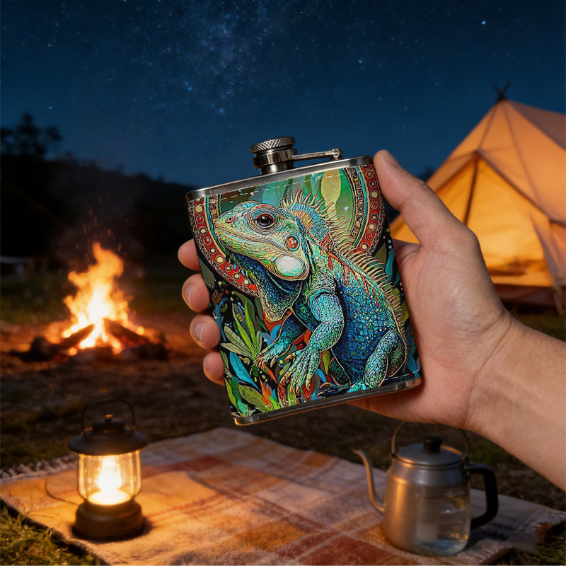 Stylized glowing green frog among plants 1pc Stainless Steel Flask 8oz -Fashionable patterns Design, Ideal for Dad, Grandpa, Uncle, Hunting Enthusiasts, Birthday, Party, Christmas, Halloween Gifts