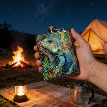 Stylized glowing green frog among plants 1pc Stainless Steel Flask 8oz -Fashionable patterns Design, Ideal for Dad, Grandpa, Uncle, Hunting Enthusiasts, Birthday, Party, Christmas, Halloween Gifts