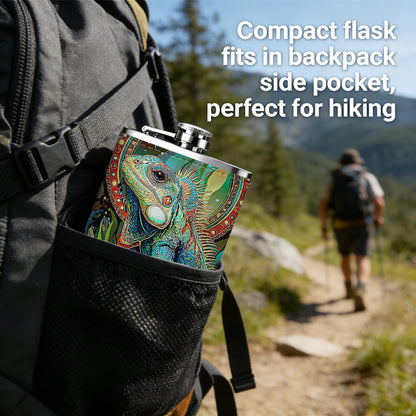 Stylized glowing green frog among plants 1pc Stainless Steel Flask 8oz -Fashionable patterns Design, Ideal for Dad, Grandpa, Uncle, Hunting Enthusiasts, Birthday, Party, Christmas, Halloween Gifts
