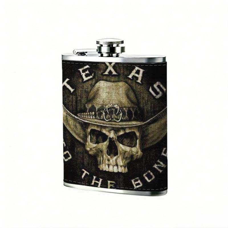 Skull wearing cowboy hat with text 1pc Stainless Steel Flask 8oz -Fashionable patterns Design, Ideal for Dad, Grandpa, Uncle, Hunting Enthusiasts, Birthday, Party, Christmas, Halloween Gifts