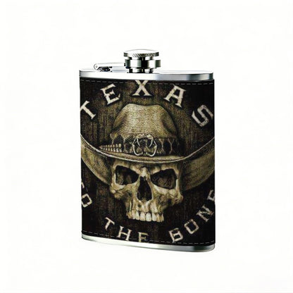 Skull wearing cowboy hat with text 1pc Stainless Steel Flask 8oz -Fashionable patterns Design, Ideal for Dad, Grandpa, Uncle, Hunting Enthusiasts, Birthday, Party, Christmas, Halloween Gifts