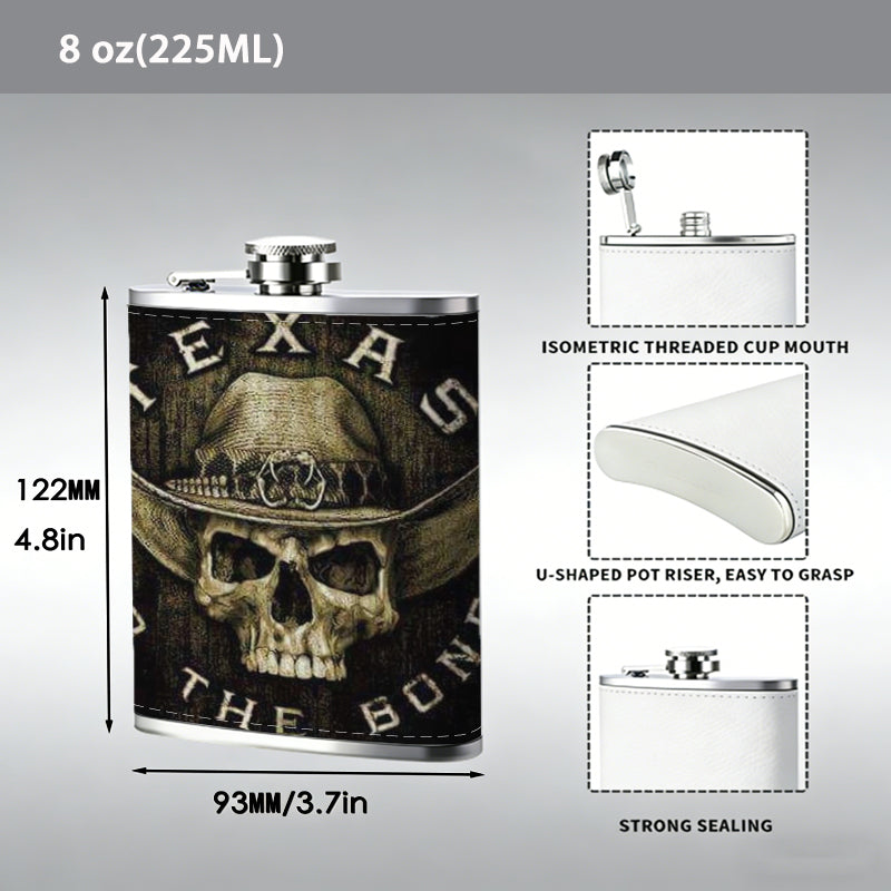 Skull wearing cowboy hat with text 1pc Stainless Steel Flask 8oz -Fashionable patterns Design, Ideal for Dad, Grandpa, Uncle, Hunting Enthusiasts, Birthday, Party, Christmas, Halloween Gifts