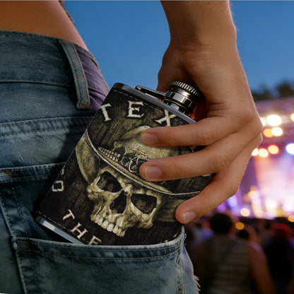 Skull wearing cowboy hat with text 1pc Stainless Steel Flask 8oz -Fashionable patterns Design, Ideal for Dad, Grandpa, Uncle, Hunting Enthusiasts, Birthday, Party, Christmas, Halloween Gifts