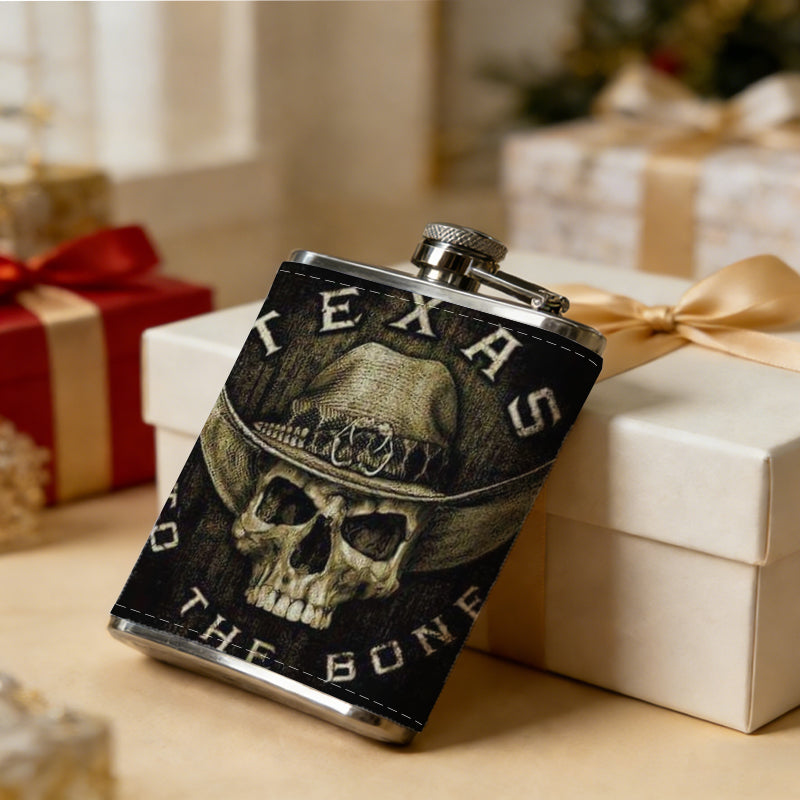 Skull wearing cowboy hat with text 1pc Stainless Steel Flask 8oz -Fashionable patterns Design, Ideal for Dad, Grandpa, Uncle, Hunting Enthusiasts, Birthday, Party, Christmas, Halloween Gifts