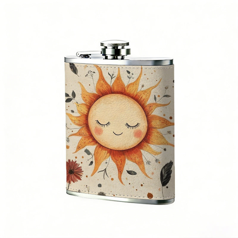 Cartoon smiling sun with wild flowers 1pc Stainless Steel Flask 8oz -Fashionable patterns Design, Ideal for Dad, Grandpa, Uncle, Hunting Enthusiasts, Birthday, Party, Christmas, Halloween Gifts