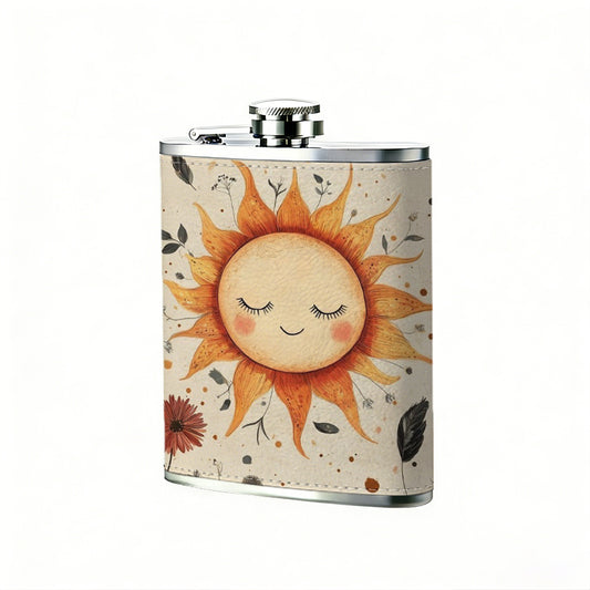 Cartoon smiling sun with wild flowers 1pc Stainless Steel Flask 8oz -Fashionable patterns Design, Ideal for Dad, Grandpa, Uncle, Hunting Enthusiasts, Birthday, Party, Christmas, Halloween Gifts