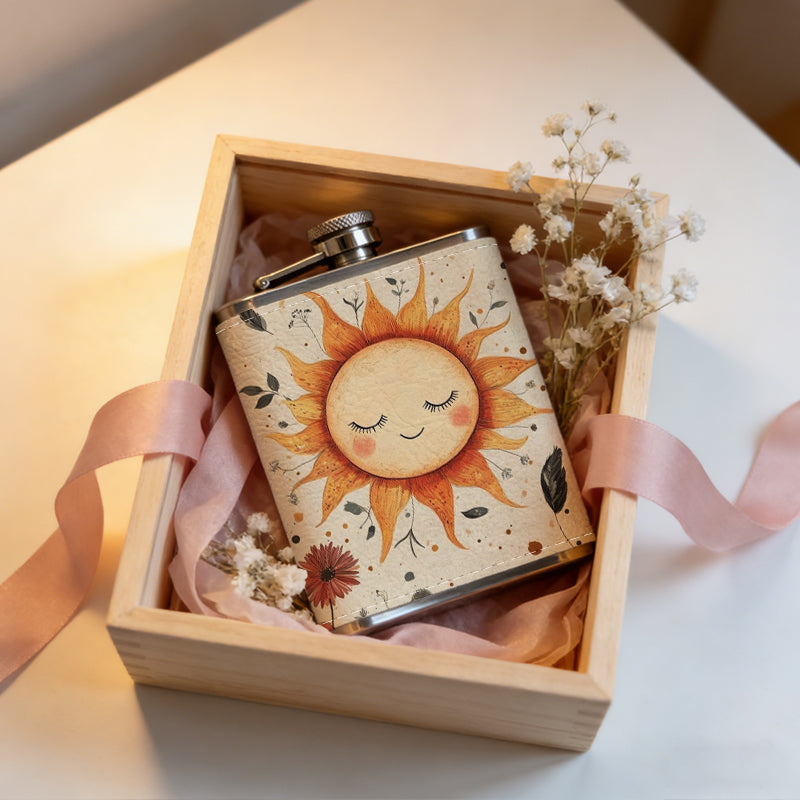 Cartoon smiling sun with wild flowers 1pc Stainless Steel Flask 8oz -Fashionable patterns Design, Ideal for Dad, Grandpa, Uncle, Hunting Enthusiasts, Birthday, Party, Christmas, Halloween Gifts