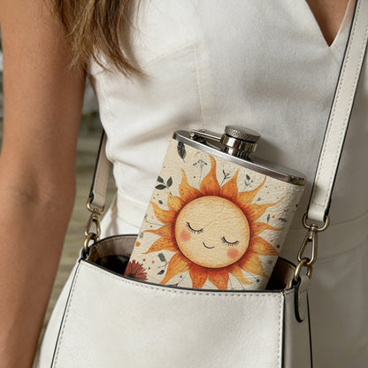 Cartoon smiling sun with wild flowers 1pc Stainless Steel Flask 8oz -Fashionable patterns Design, Ideal for Dad, Grandpa, Uncle, Hunting Enthusiasts, Birthday, Party, Christmas, Halloween Gifts