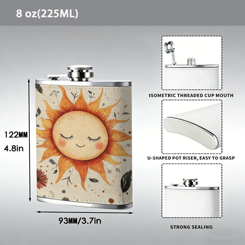 Cartoon smiling sun with wild flowers 1pc Stainless Steel Flask 8oz -Fashionable patterns Design, Ideal for Dad, Grandpa, Uncle, Hunting Enthusiasts, Birthday, Party, Christmas, Halloween Gifts