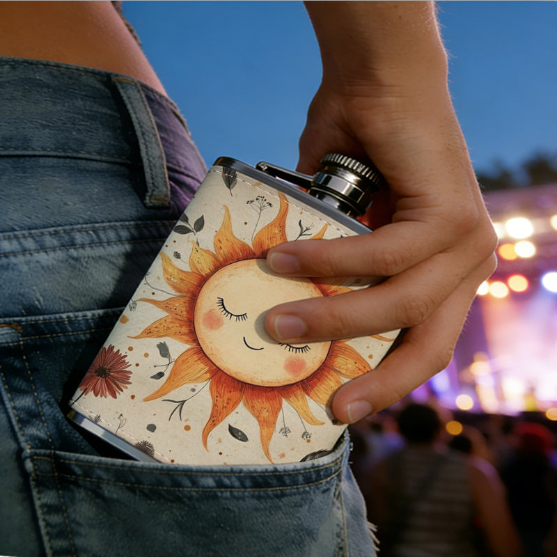Cartoon smiling sun with wild flowers 1pc Stainless Steel Flask 8oz -Fashionable patterns Design, Ideal for Dad, Grandpa, Uncle, Hunting Enthusiasts, Birthday, Party, Christmas, Halloween Gifts