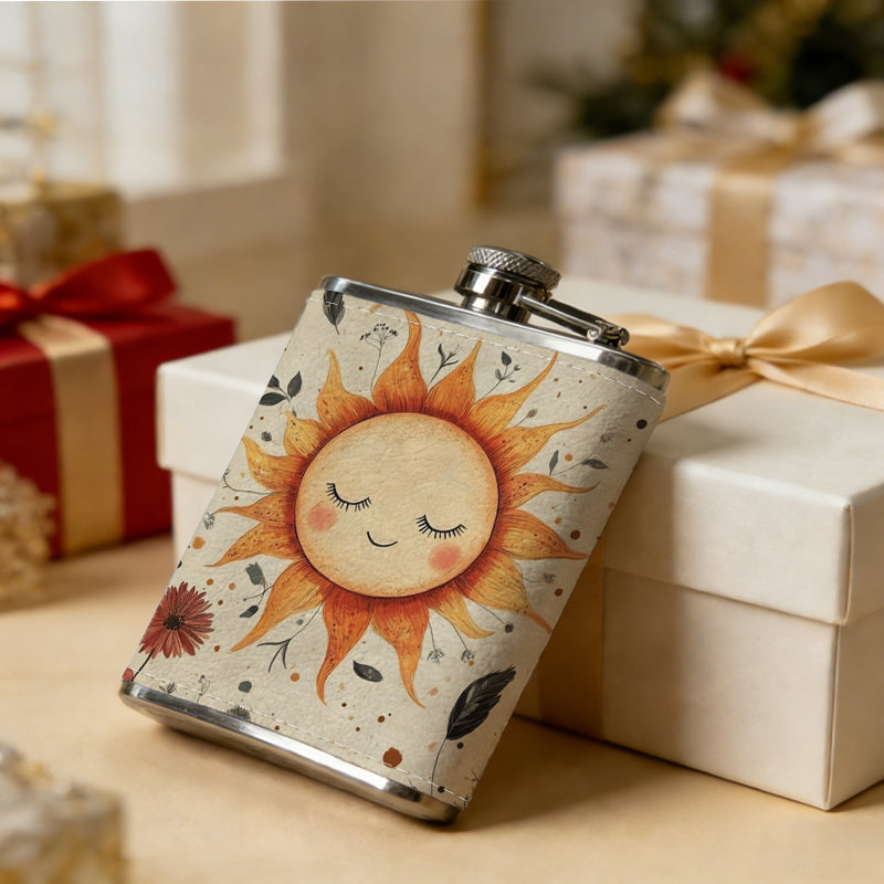 Cartoon smiling sun with wild flowers 1pc Stainless Steel Flask 8oz -Fashionable patterns Design, Ideal for Dad, Grandpa, Uncle, Hunting Enthusiasts, Birthday, Party, Christmas, Halloween Gifts