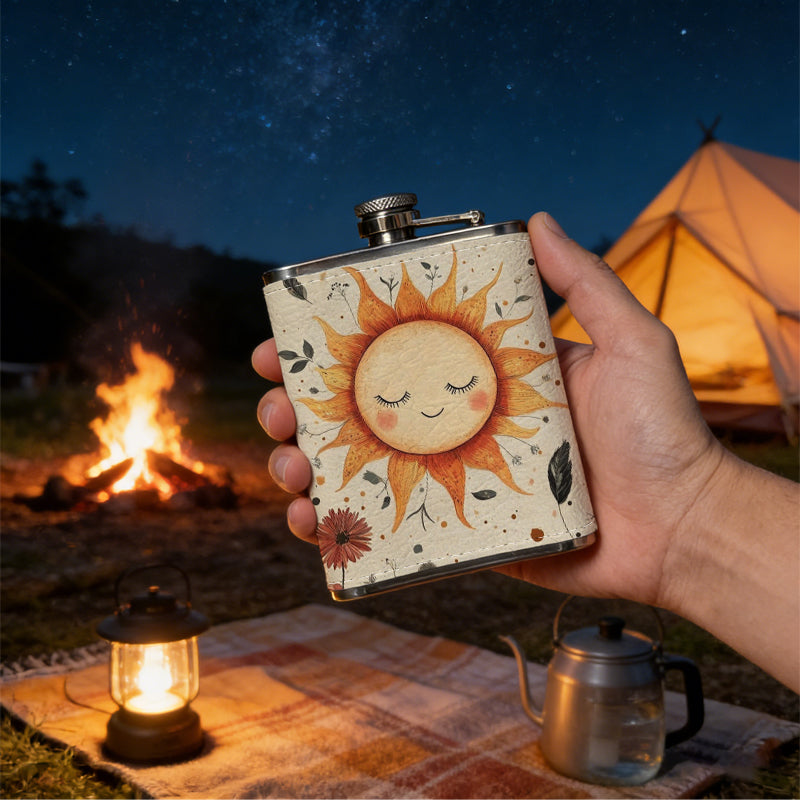 Cartoon smiling sun with wild flowers 1pc Stainless Steel Flask 8oz -Fashionable patterns Design, Ideal for Dad, Grandpa, Uncle, Hunting Enthusiasts, Birthday, Party, Christmas, Halloween Gifts