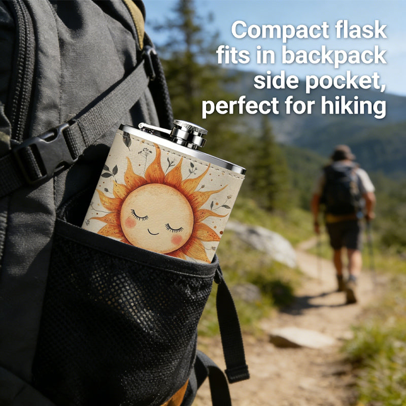 Cartoon smiling sun with wild flowers 1pc Stainless Steel Flask 8oz -Fashionable patterns Design, Ideal for Dad, Grandpa, Uncle, Hunting Enthusiasts, Birthday, Party, Christmas, Halloween Gifts