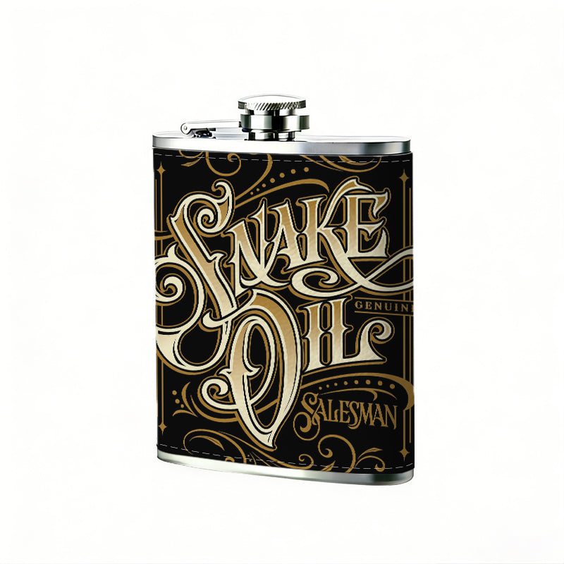 Vintage golden "Snake Oil" lettering 1pc Stainless Steel Flask 8oz -Fashionable patterns Design, Ideal for Dad, Grandpa, Uncle, Hunting Enthusiasts, Birthday, Party, Christmas, Halloween Gifts
