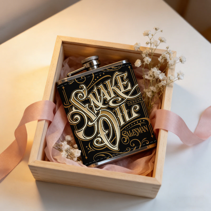 Vintage golden "Snake Oil" lettering 1pc Stainless Steel Flask 8oz -Fashionable patterns Design, Ideal for Dad, Grandpa, Uncle, Hunting Enthusiasts, Birthday, Party, Christmas, Halloween Gifts