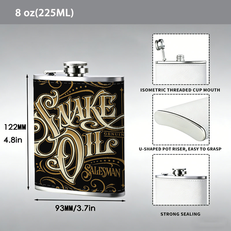 Vintage golden "Snake Oil" lettering 1pc Stainless Steel Flask 8oz -Fashionable patterns Design, Ideal for Dad, Grandpa, Uncle, Hunting Enthusiasts, Birthday, Party, Christmas, Halloween Gifts