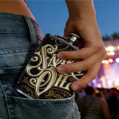 Vintage golden "Snake Oil" lettering 1pc Stainless Steel Flask 8oz -Fashionable patterns Design, Ideal for Dad, Grandpa, Uncle, Hunting Enthusiasts, Birthday, Party, Christmas, Halloween Gifts