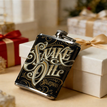 Vintage golden "Snake Oil" lettering 1pc Stainless Steel Flask 8oz -Fashionable patterns Design, Ideal for Dad, Grandpa, Uncle, Hunting Enthusiasts, Birthday, Party, Christmas, Halloween Gifts