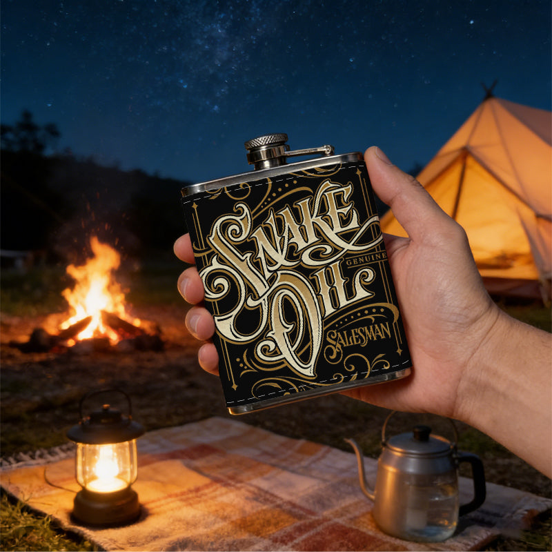 Vintage golden "Snake Oil" lettering 1pc Stainless Steel Flask 8oz -Fashionable patterns Design, Ideal for Dad, Grandpa, Uncle, Hunting Enthusiasts, Birthday, Party, Christmas, Halloween Gifts