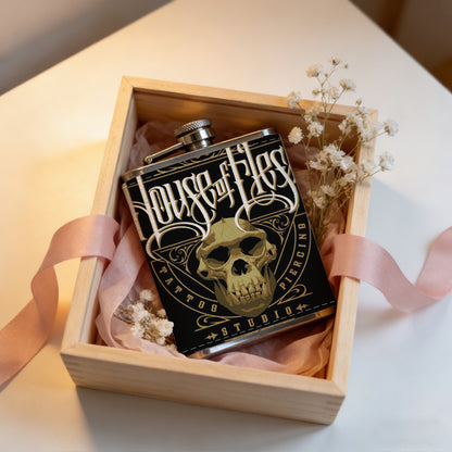 House of Flesh skull logo 1pc Stainless Steel Flask 8oz -Fashionable patterns Design, Ideal for Dad, Grandpa, Uncle, Hunting Enthusiasts, Birthday, Party, Christmas, Halloween Gifts