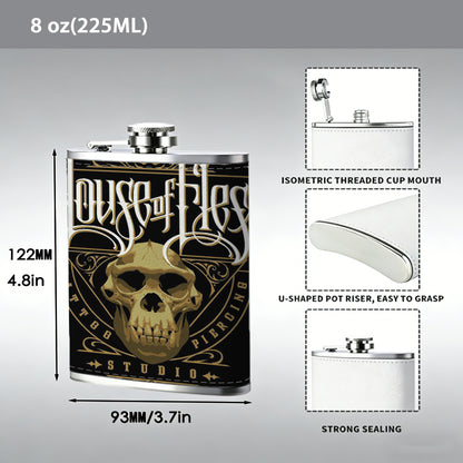 House of Flesh skull logo 1pc Stainless Steel Flask 8oz -Fashionable patterns Design, Ideal for Dad, Grandpa, Uncle, Hunting Enthusiasts, Birthday, Party, Christmas, Halloween Gifts