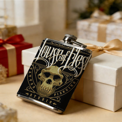 House of Flesh skull logo 1pc Stainless Steel Flask 8oz -Fashionable patterns Design, Ideal for Dad, Grandpa, Uncle, Hunting Enthusiasts, Birthday, Party, Christmas, Halloween Gifts