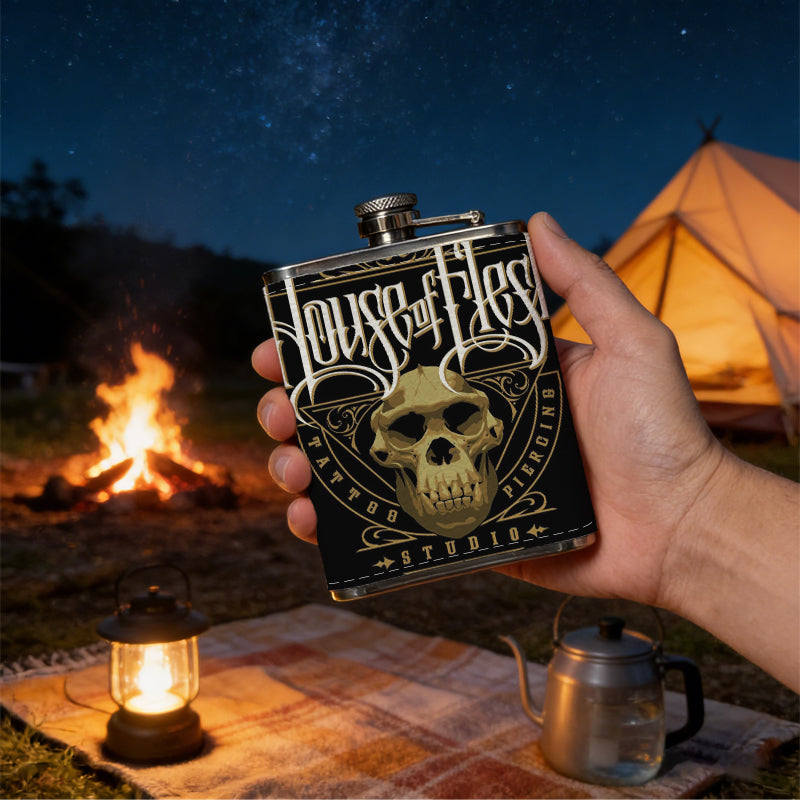 House of Flesh skull logo 1pc Stainless Steel Flask 8oz -Fashionable patterns Design, Ideal for Dad, Grandpa, Uncle, Hunting Enthusiasts, Birthday, Party, Christmas, Halloween Gifts
