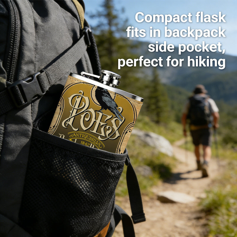 Crow on ornate vintage logo 1pc Stainless Steel Flask 8oz -Fashionable patterns Design, Ideal for Dad, Grandpa, Uncle, Hunting Enthusiasts, Birthday, Party, Christmas, Halloween Gifts