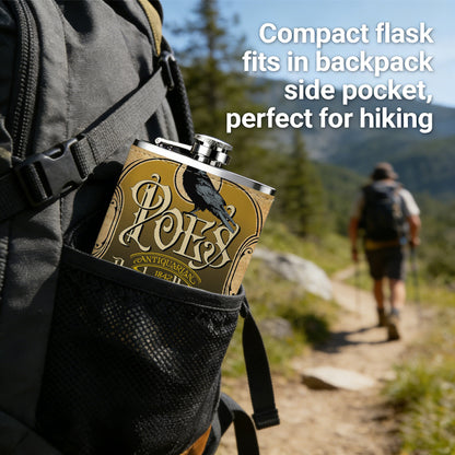 Crow on ornate vintage logo 1pc Stainless Steel Flask 8oz -Fashionable patterns Design, Ideal for Dad, Grandpa, Uncle, Hunting Enthusiasts, Birthday, Party, Christmas, Halloween Gifts