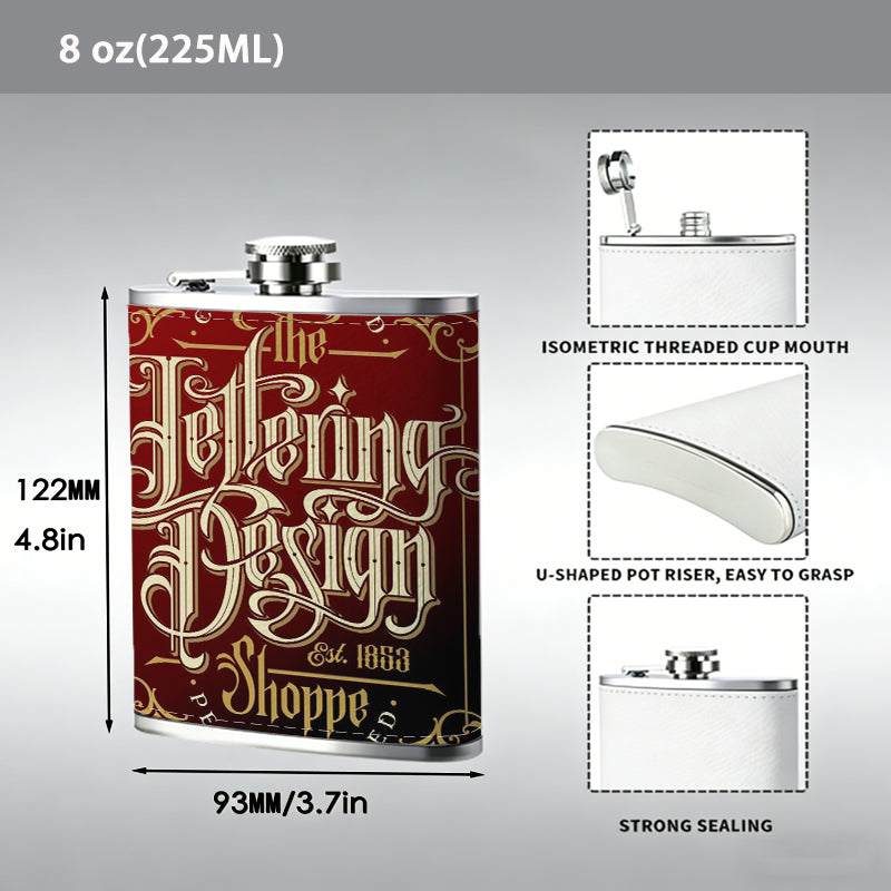 Tattooing design on red background 1pc Stainless Steel Flask 8oz -Fashionable patterns Design, Ideal for Dad, Grandpa, Uncle, Hunting Enthusiasts, Birthday, Party, Christmas, Halloween Gifts