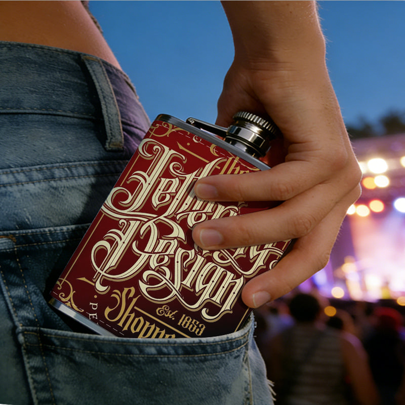 Tattooing design on red background 1pc Stainless Steel Flask 8oz -Fashionable patterns Design, Ideal for Dad, Grandpa, Uncle, Hunting Enthusiasts, Birthday, Party, Christmas, Halloween Gifts
