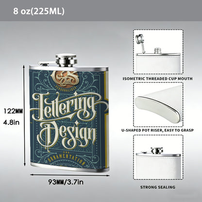 Vintage handlettering design label 1pc Stainless Steel Flask 8oz -Fashionable patterns Design, Ideal for Dad, Grandpa, Uncle, Hunting Enthusiasts, Birthday, Party, Christmas, Halloween Gifts