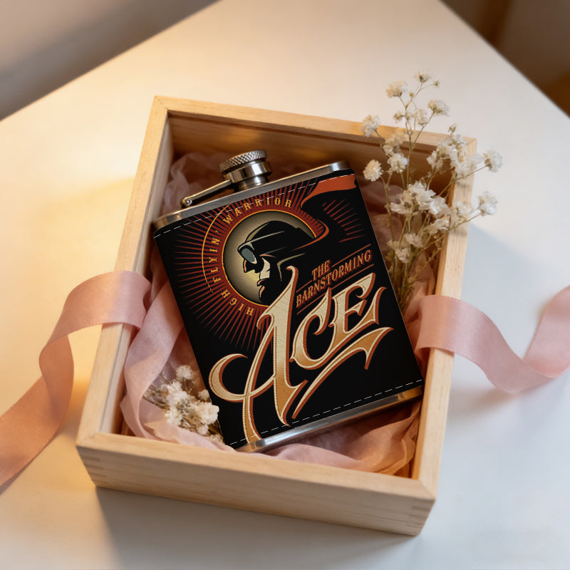 Golden ACE logo with a head silhouette 1pc Stainless Steel Flask 8oz -Fashionable patterns Design, Ideal for Dad, Grandpa, Uncle, Hunting Enthusiasts, Birthday, Party, Christmas, Halloween Gifts
