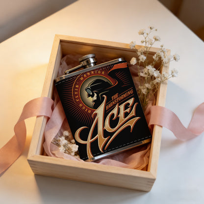 Golden ACE logo with a head silhouette 1pc Stainless Steel Flask 8oz -Fashionable patterns Design, Ideal for Dad, Grandpa, Uncle, Hunting Enthusiasts, Birthday, Party, Christmas, Halloween Gifts