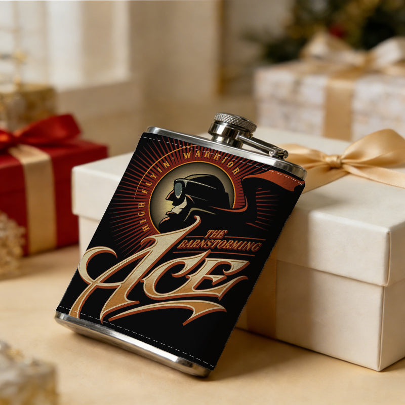 Golden ACE logo with a head silhouette 1pc Stainless Steel Flask 8oz -Fashionable patterns Design, Ideal for Dad, Grandpa, Uncle, Hunting Enthusiasts, Birthday, Party, Christmas, Halloween Gifts