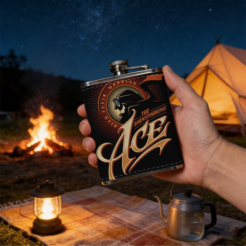 Golden ACE logo with a head silhouette 1pc Stainless Steel Flask 8oz -Fashionable patterns Design, Ideal for Dad, Grandpa, Uncle, Hunting Enthusiasts, Birthday, Party, Christmas, Halloween Gifts