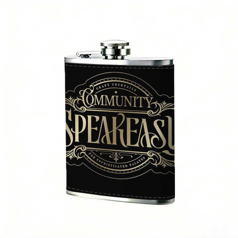 Community Speakeasy vintage logo 1pc Stainless Steel Flask 8oz -Fashionable patterns Design, Ideal for Dad, Grandpa, Uncle, Hunting Enthusiasts, Birthday, Party, Christmas, Halloween Gifts