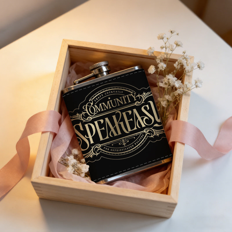 Community Speakeasy vintage logo 1pc Stainless Steel Flask 8oz -Fashionable patterns Design, Ideal for Dad, Grandpa, Uncle, Hunting Enthusiasts, Birthday, Party, Christmas, Halloween Gifts