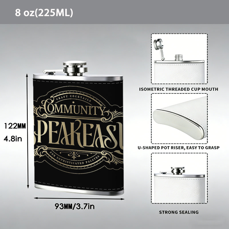 Community Speakeasy vintage logo 1pc Stainless Steel Flask 8oz -Fashionable patterns Design, Ideal for Dad, Grandpa, Uncle, Hunting Enthusiasts, Birthday, Party, Christmas, Halloween Gifts