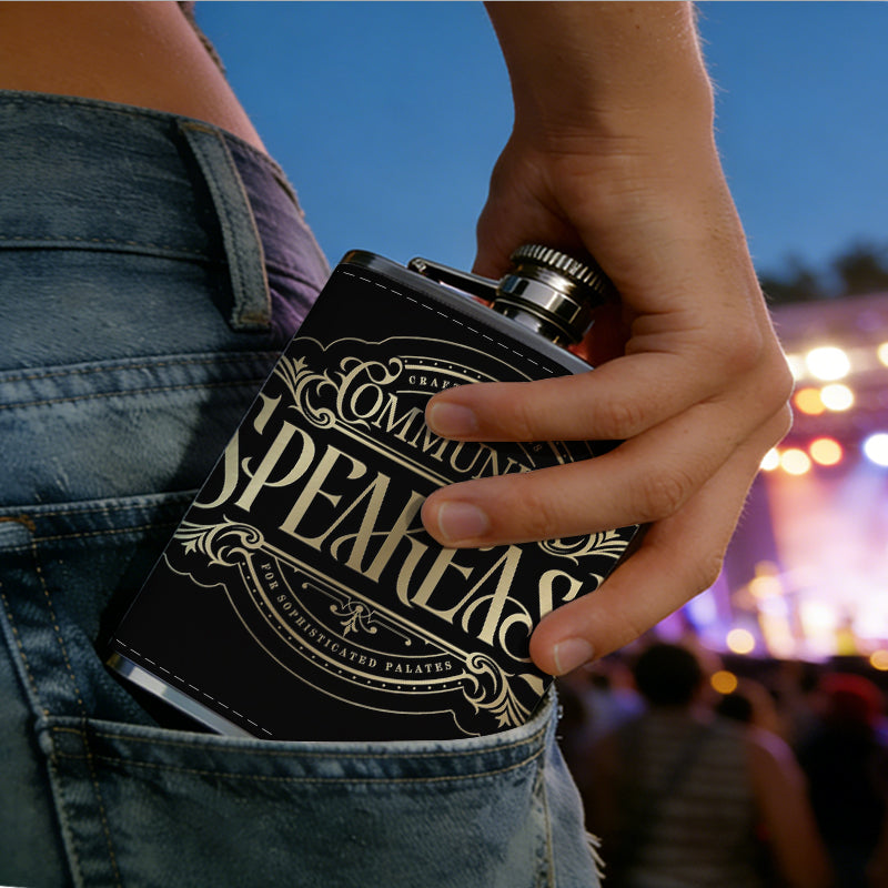 Community Speakeasy vintage logo 1pc Stainless Steel Flask 8oz -Fashionable patterns Design, Ideal for Dad, Grandpa, Uncle, Hunting Enthusiasts, Birthday, Party, Christmas, Halloween Gifts