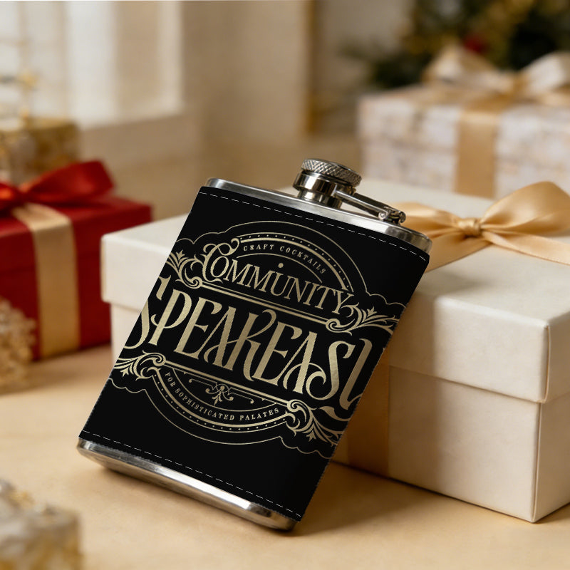 Community Speakeasy vintage logo 1pc Stainless Steel Flask 8oz -Fashionable patterns Design, Ideal for Dad, Grandpa, Uncle, Hunting Enthusiasts, Birthday, Party, Christmas, Halloween Gifts